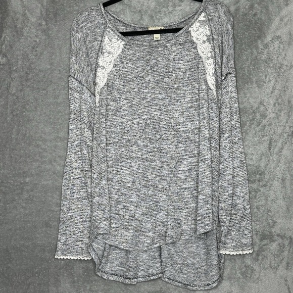One World XL Sweater Top Gray Solid Scoop Neck Long Sleeve Stretch High Low Knit - Picture 1 of 8